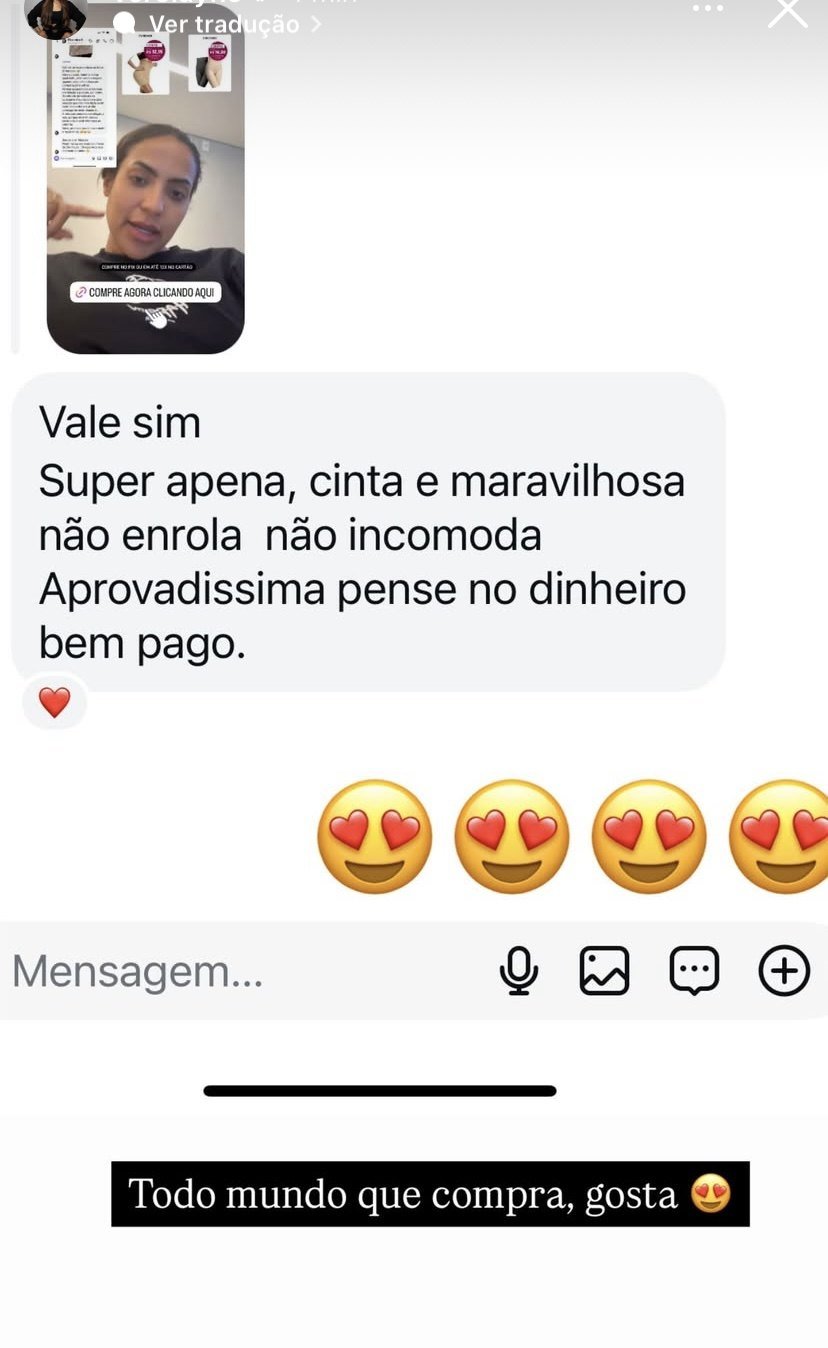 Mensagem de cliente sobre o Short Cinta Modeladora